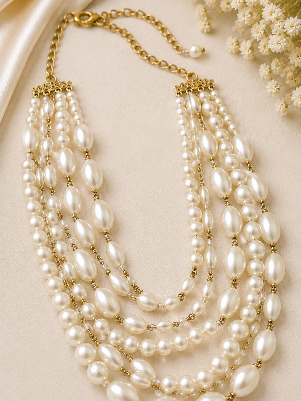 Elegant Multi Strand Pearl Bridal Statement Necklace Gold Tone Layered Jewelry - Picture 4 of 7